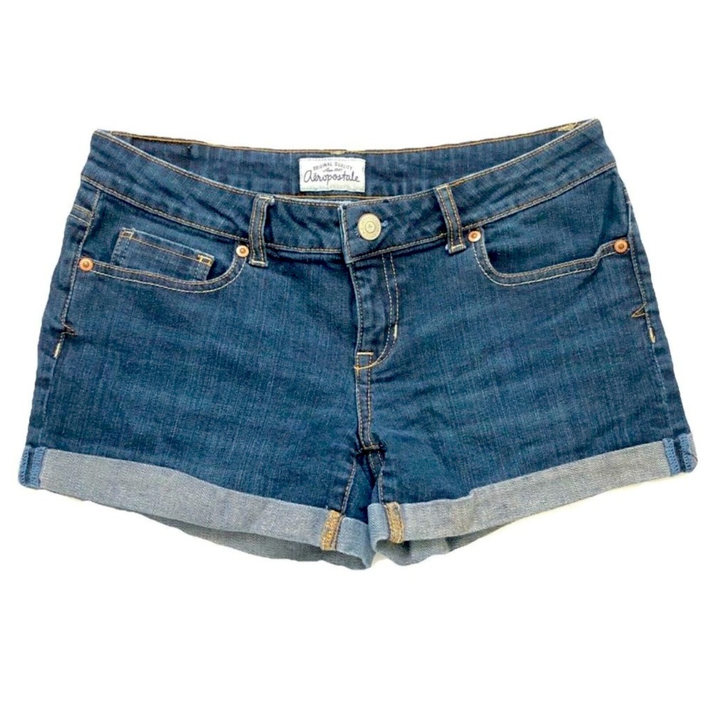AÉROPOSTALE Womans Dark Wash Flex Effects Low-Rise Denim Midi Cuffed Shorts - Picture 2 of 12
